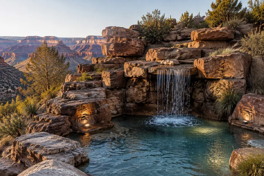 Künstliche Felslandschaft mit Wasserfall vor Canyon-Kulisse