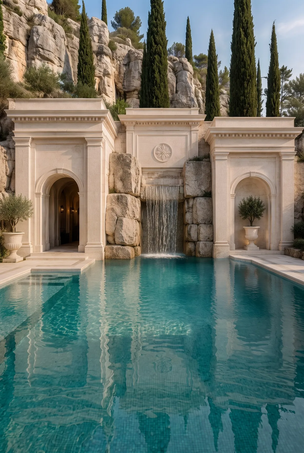 Klassische Steinfassade mit Wasserfall und Pool